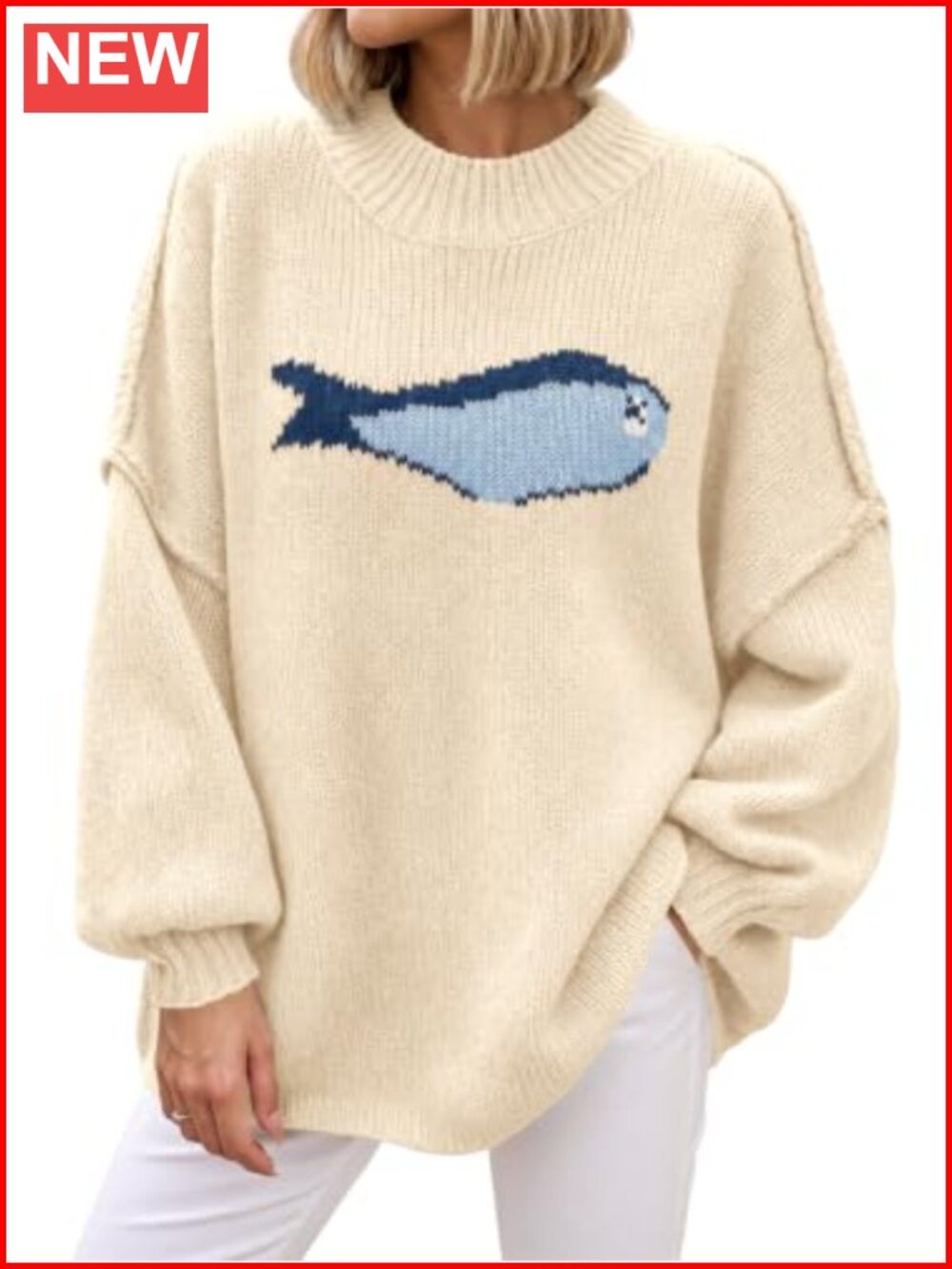 Womens Chunky Knit Mock Neck Sweater Fish Graphic Oversized Pullover